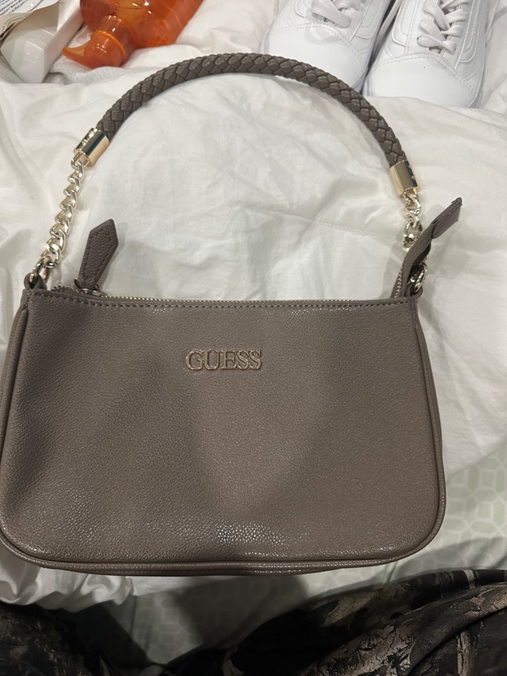 GUESS Taupe Braided-Handle Shoulder Bag with Gold Accents
